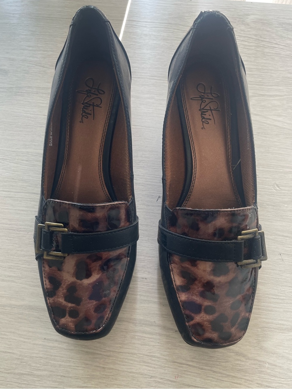 LifeStride Tate Leopard Patent Wedge Loafers  - Brown/Black Size 9.5